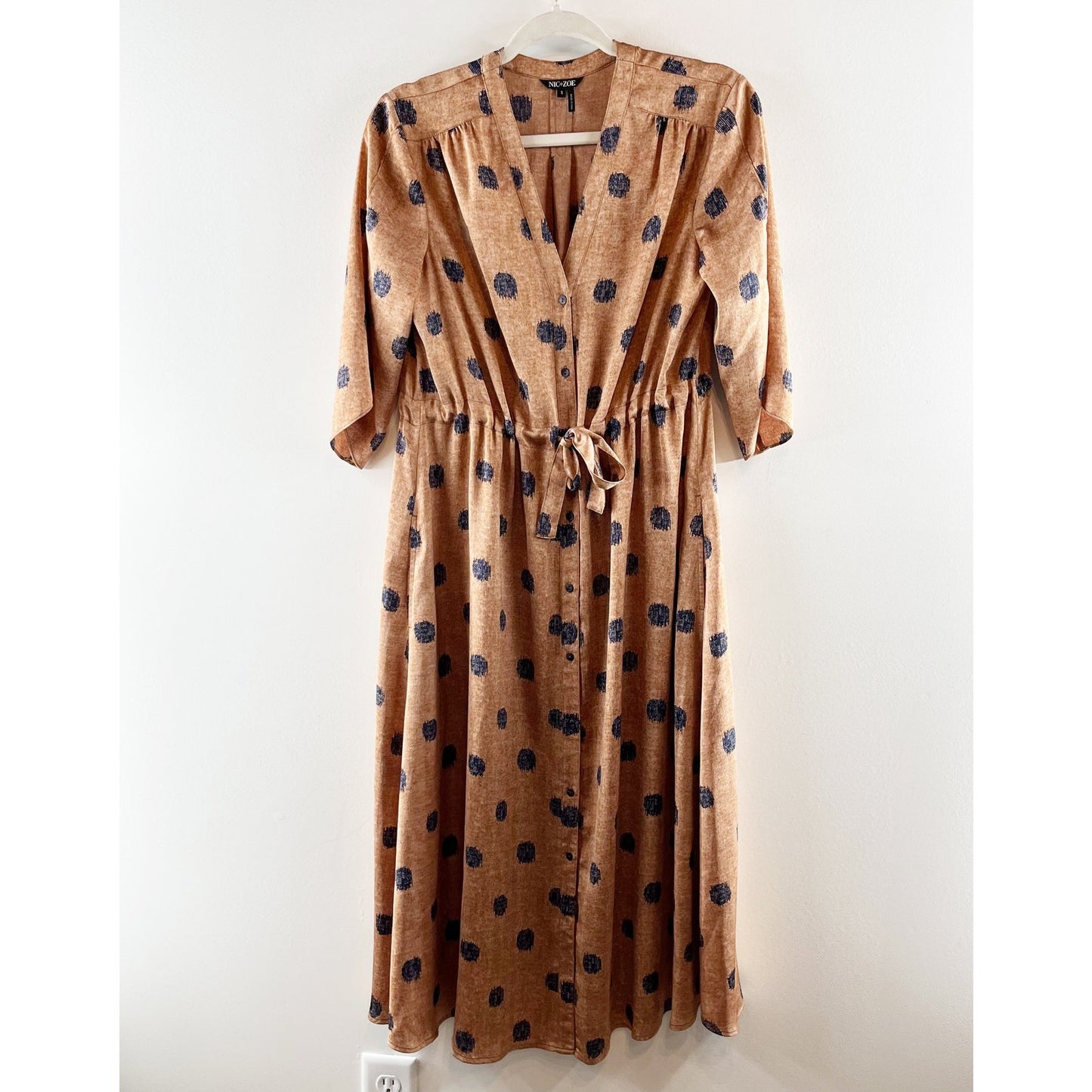 NIC + ZOE Street Seen 3/4 Sleeve Tie Waist Midi Bengal Shirt Dress Brown Small