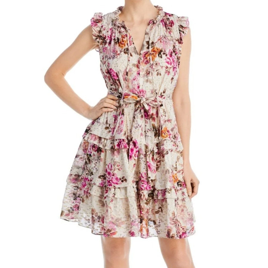 Kobi Halperin Brook Tiered Floral Print Gold Fleck Mini Dress White Pink Small