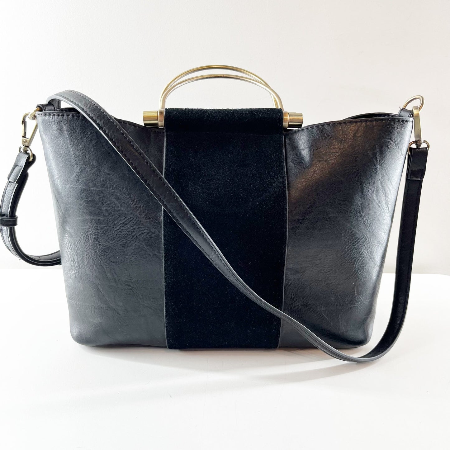 Antik Kraft Two Tone Leather Large Tote Handbag with Crossbody Strap Black