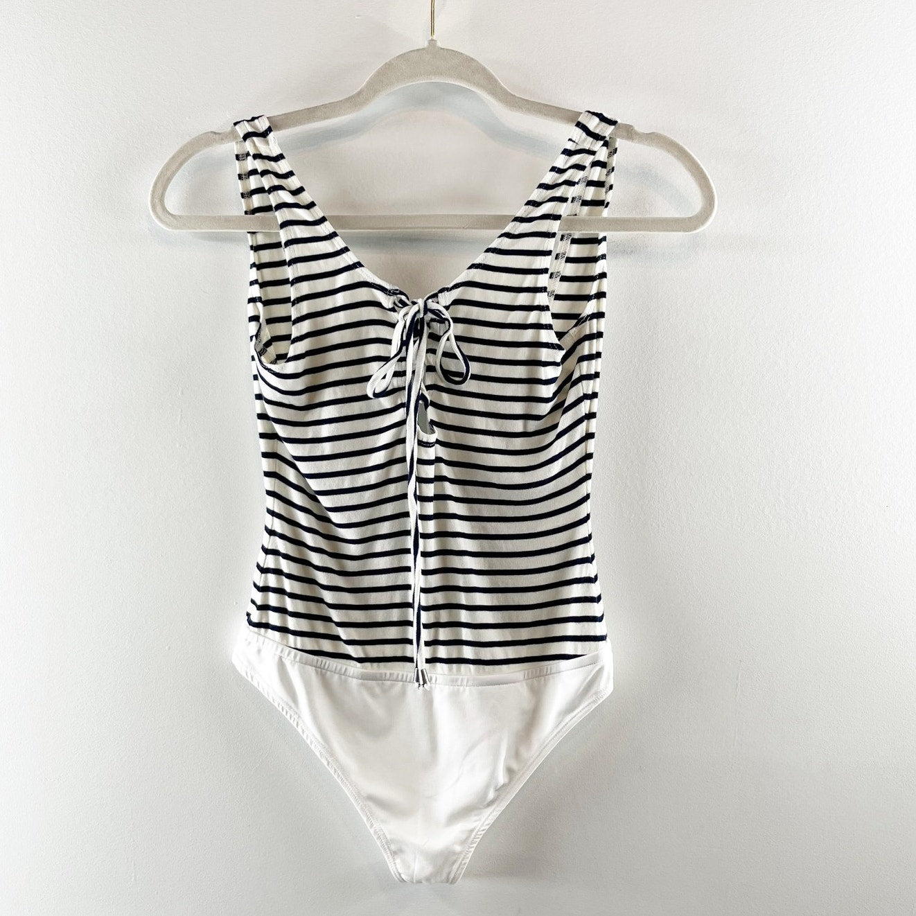 Lovers + Friends Allie Tank Top Striped Lace Up Bodysuit Navy Blue White Small