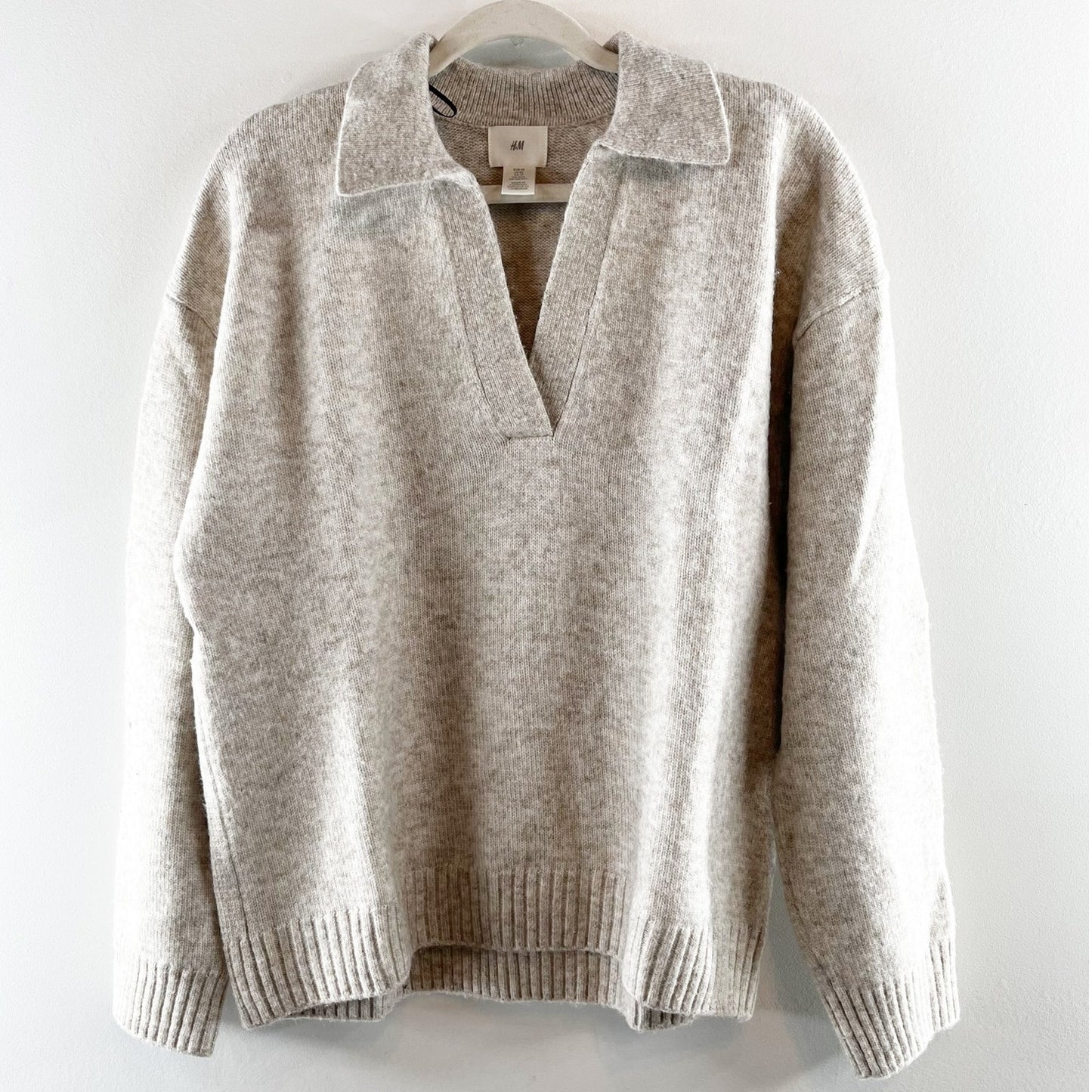 H&M Fine Knit Long Sleeve Polo Collared Pullover Sweater Tan Beige XS