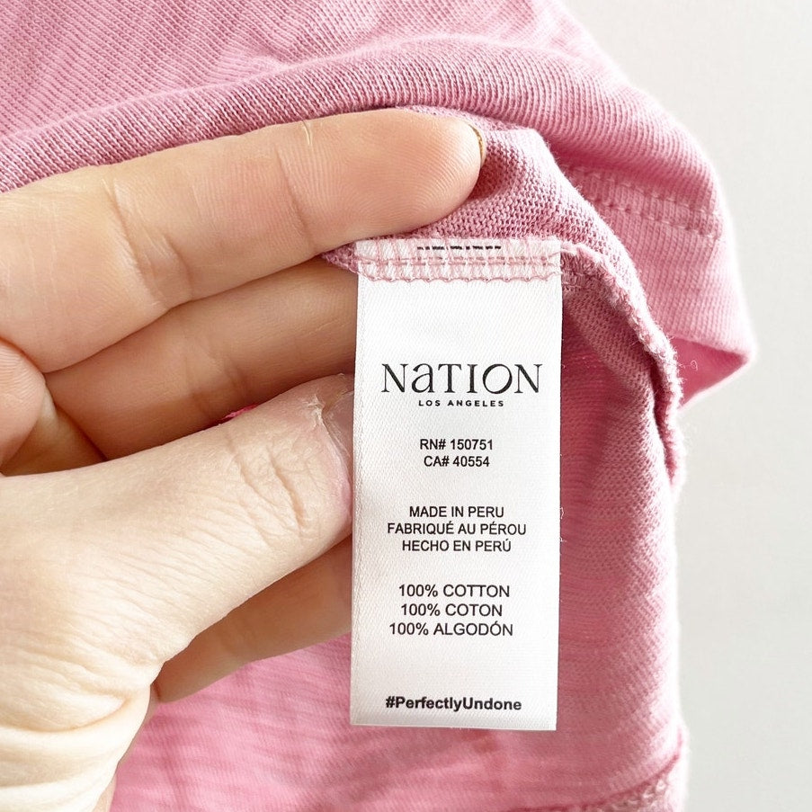Nation LTD Cooper V Neck Pima Cotton Peated Shoulder Tee Shirt Pink Medium