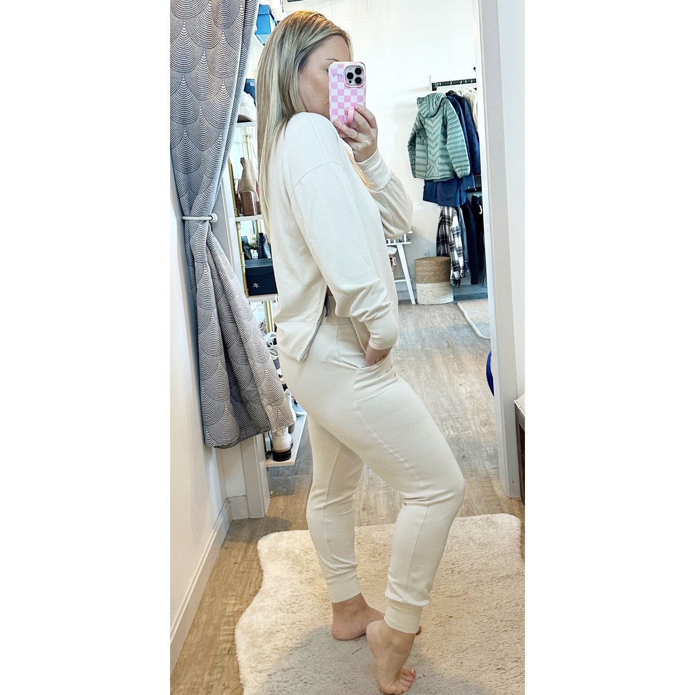 Danskin Ribbed Pullover Crewneck and Jogger Lounge Set Cream XS