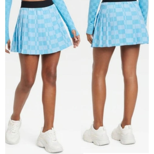 JoyLab Check High Rise Pleated Tennis Skirt with Built-in Short Light Blue Small