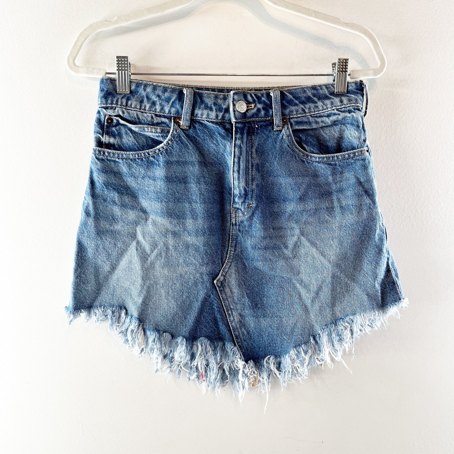 Free People Bailey High Waisted Asymmetric Frayed Hem Denim Mini Skirt Blue 26