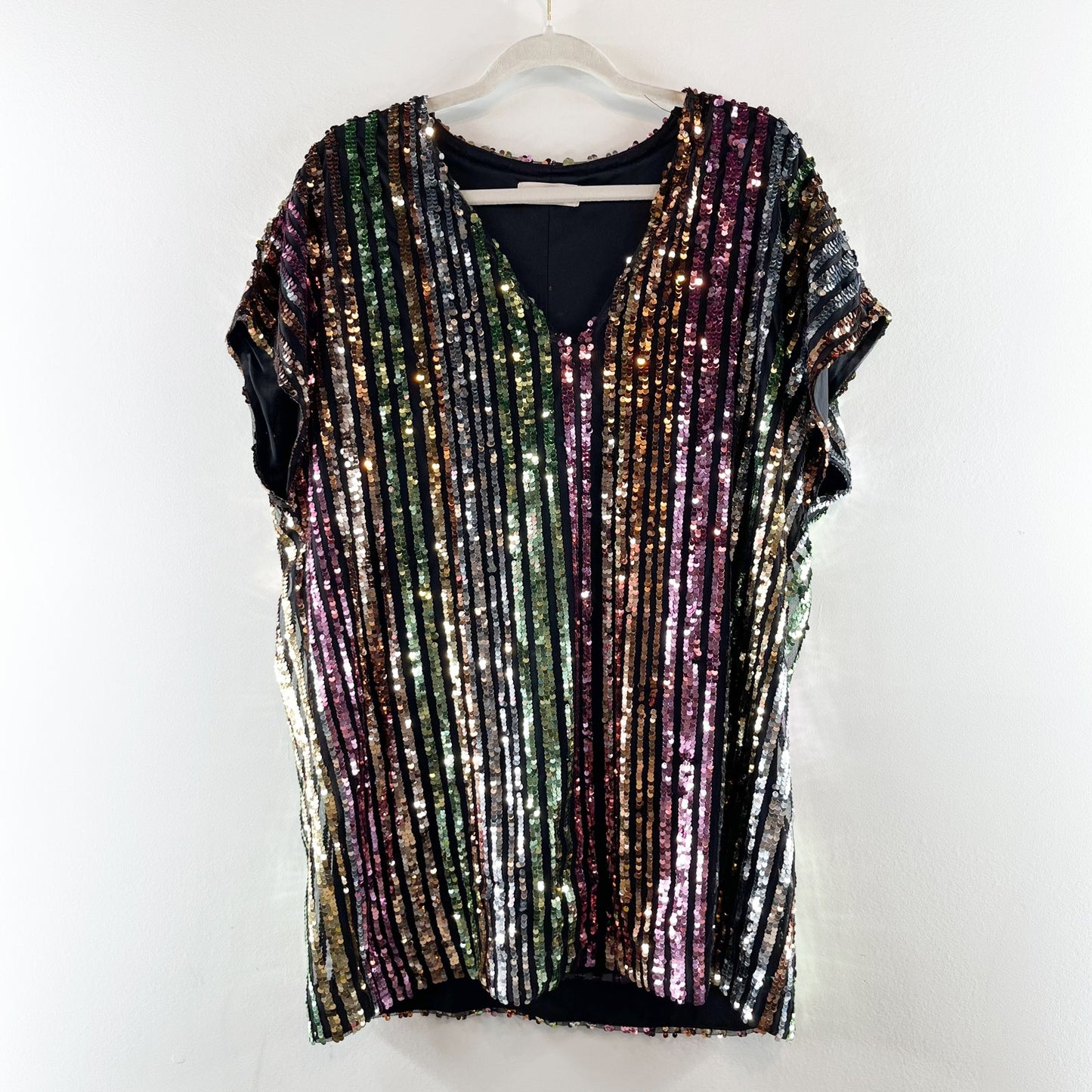 By Together Rainbow Striped V neck Short Sleeve Sequin T-Shirt Mini Dress Medium