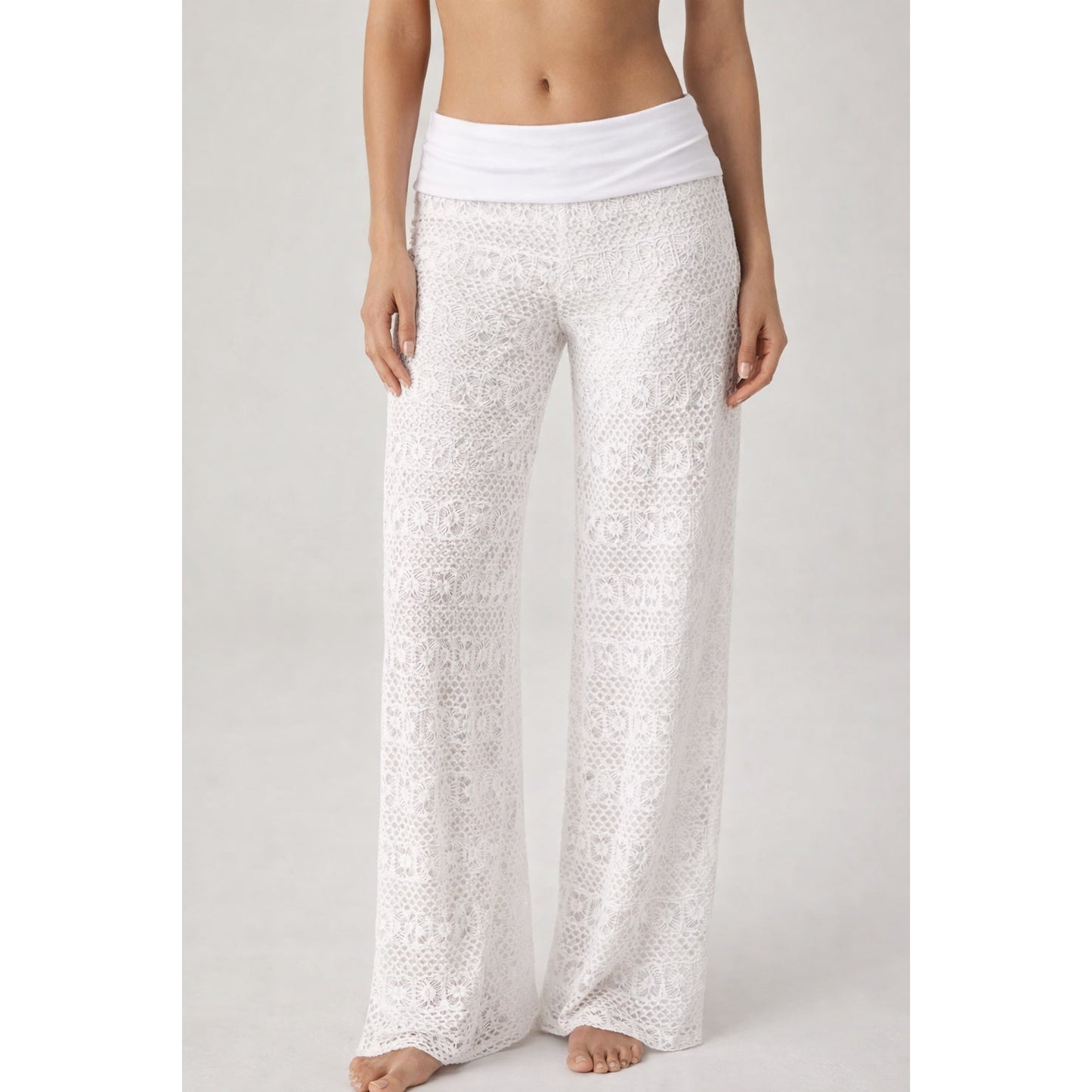 Paradise Low Rise Foldover Waist Lace Sheer Beach Cover Up Pants White Small