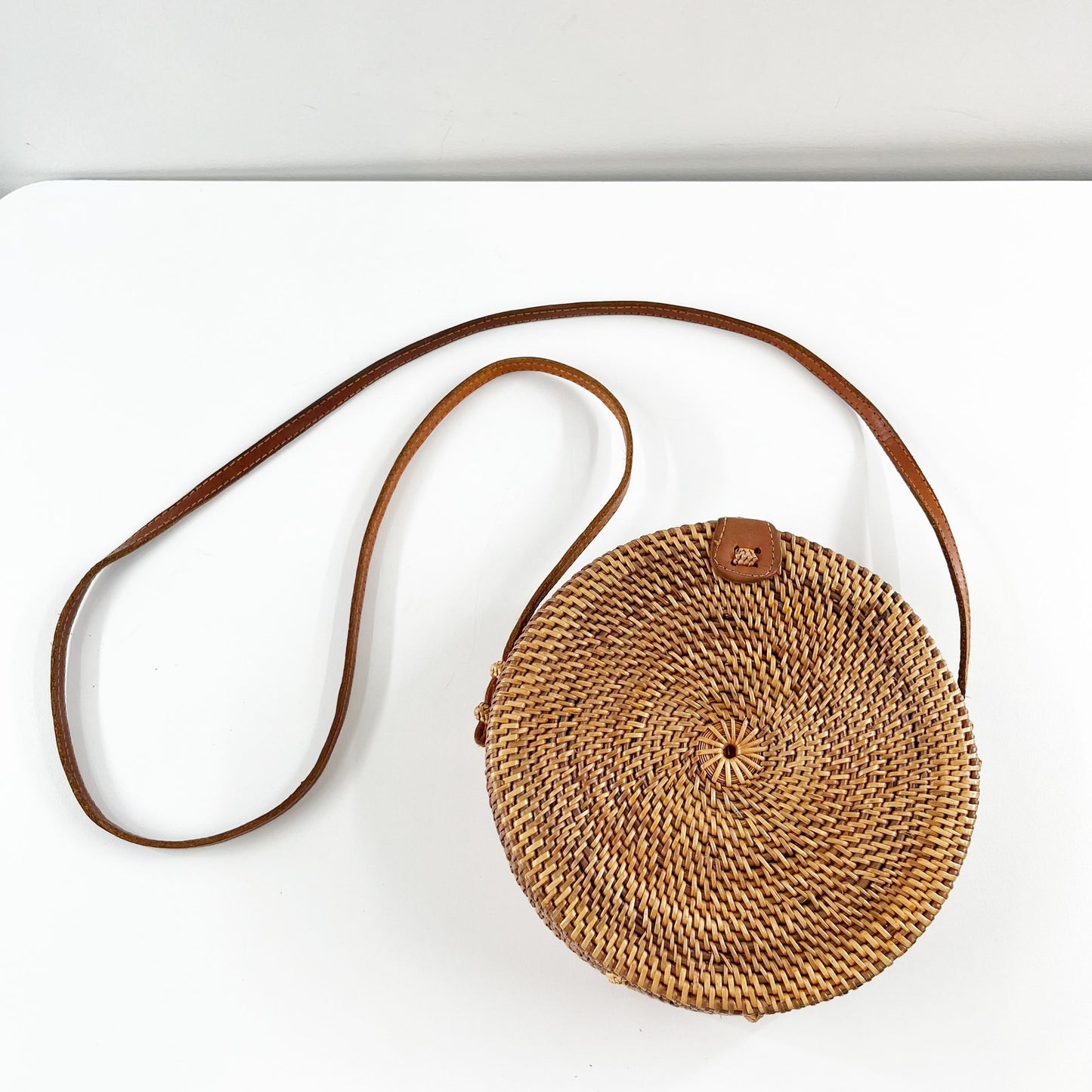 Circle Round Rattan Wicker Long Crossbody Bag Purse Brown