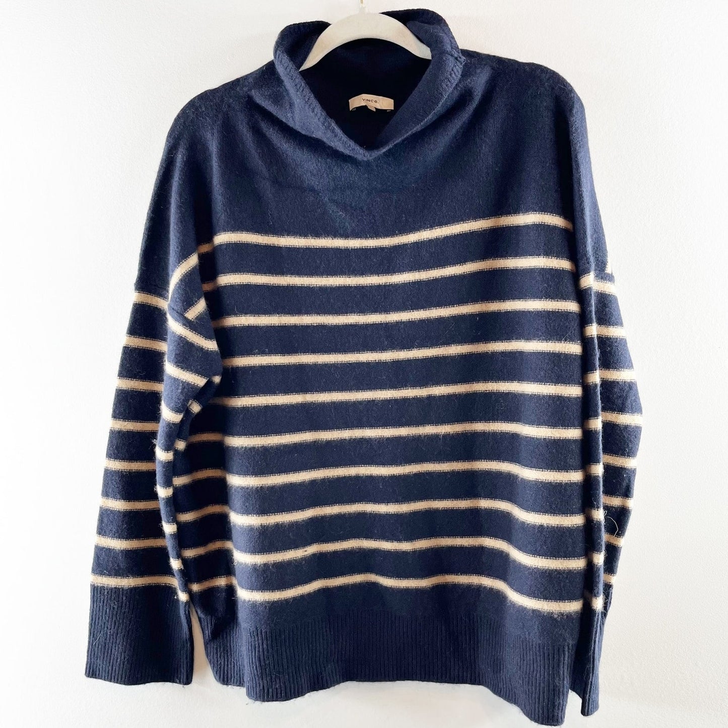 Vince Long Sleeve Striped Turtleneck Pullover Sweater Blue Tan Large