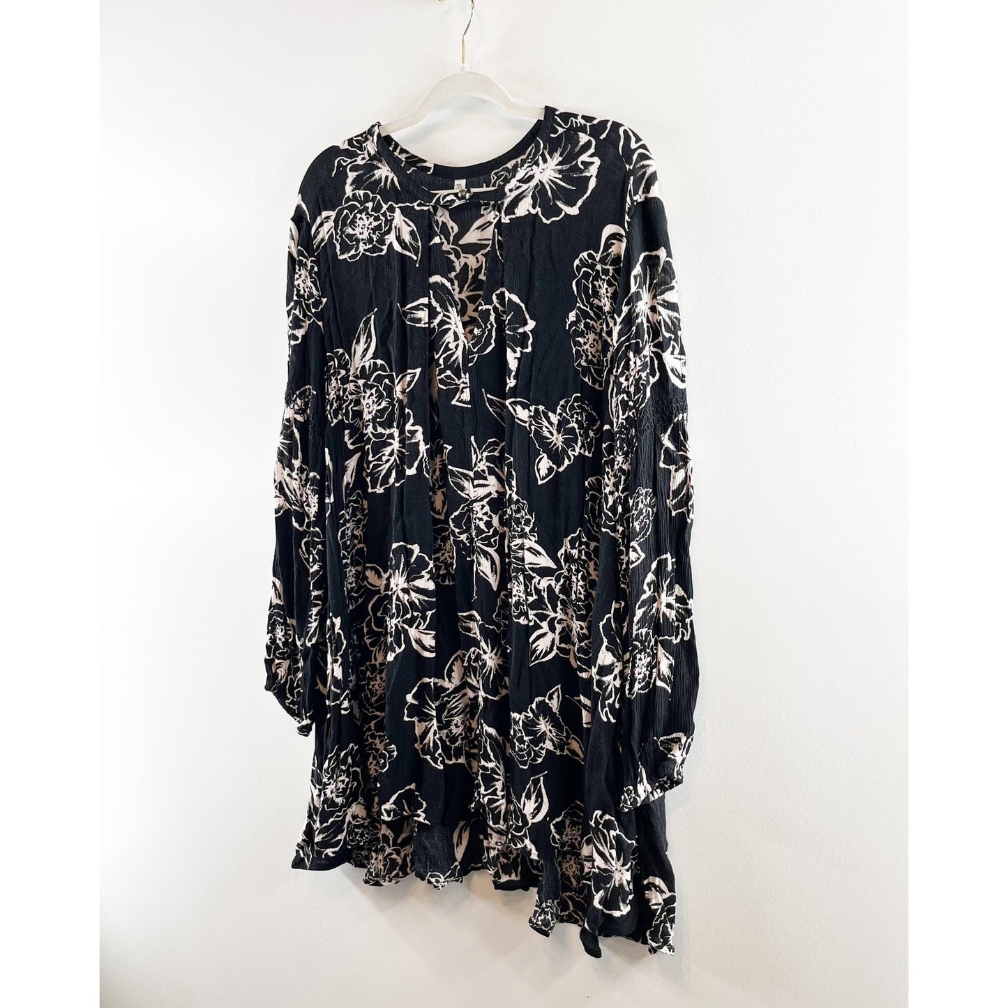 Free People Snap Out of It Floral 3/4 Sleeve Swing Tunic Mini Dress Black Large