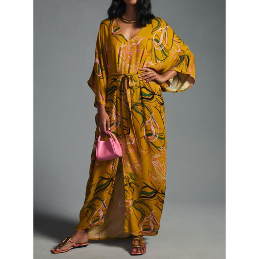 Bel Kazan Anthropologie Floral Maxi Kaftan Dress Yellow One Size