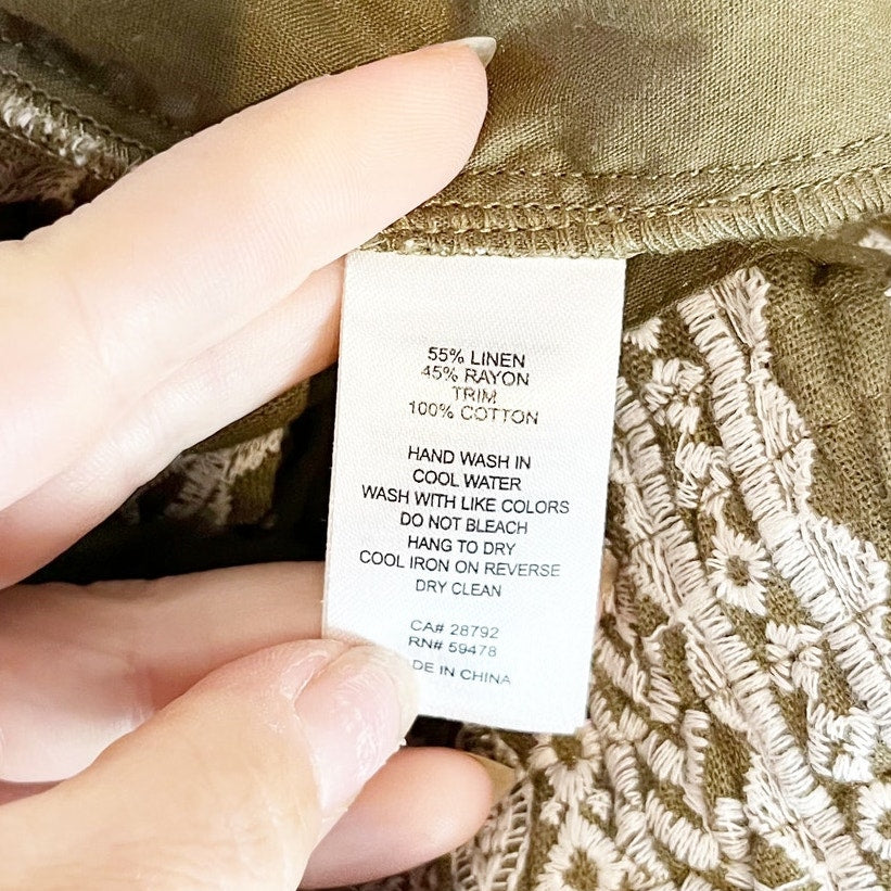 House of Harlow Linen High Rise Embroidered Boho Shorts Green Medium