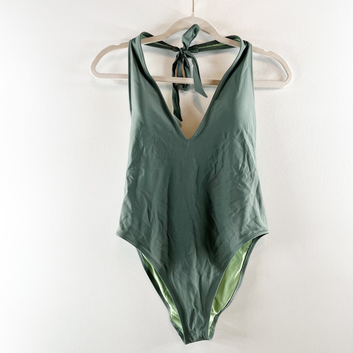 Aerie Plunge Halter Low Back One Piece Swimsuit Green Large