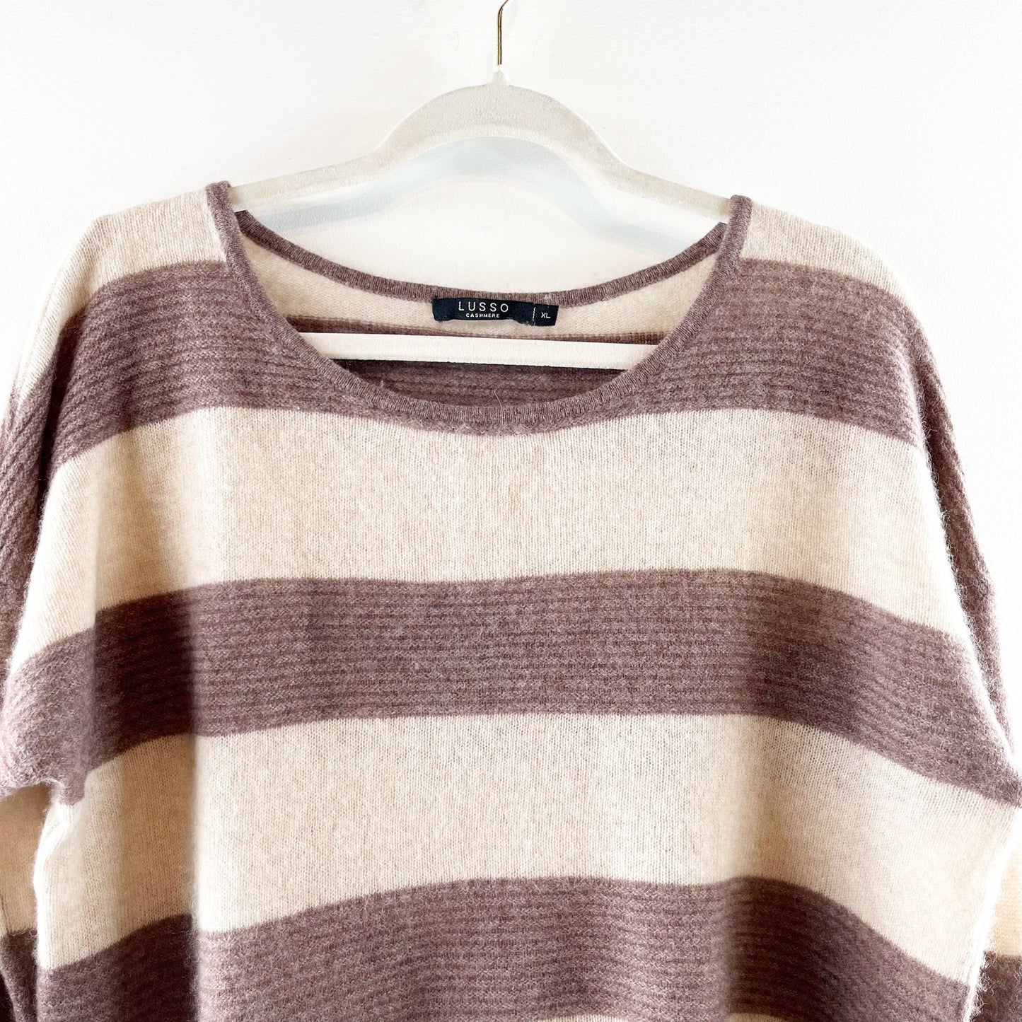 Lusso Logan Crewneck Cashmere Striped Long Sleeve Sweater Brown Tan XL