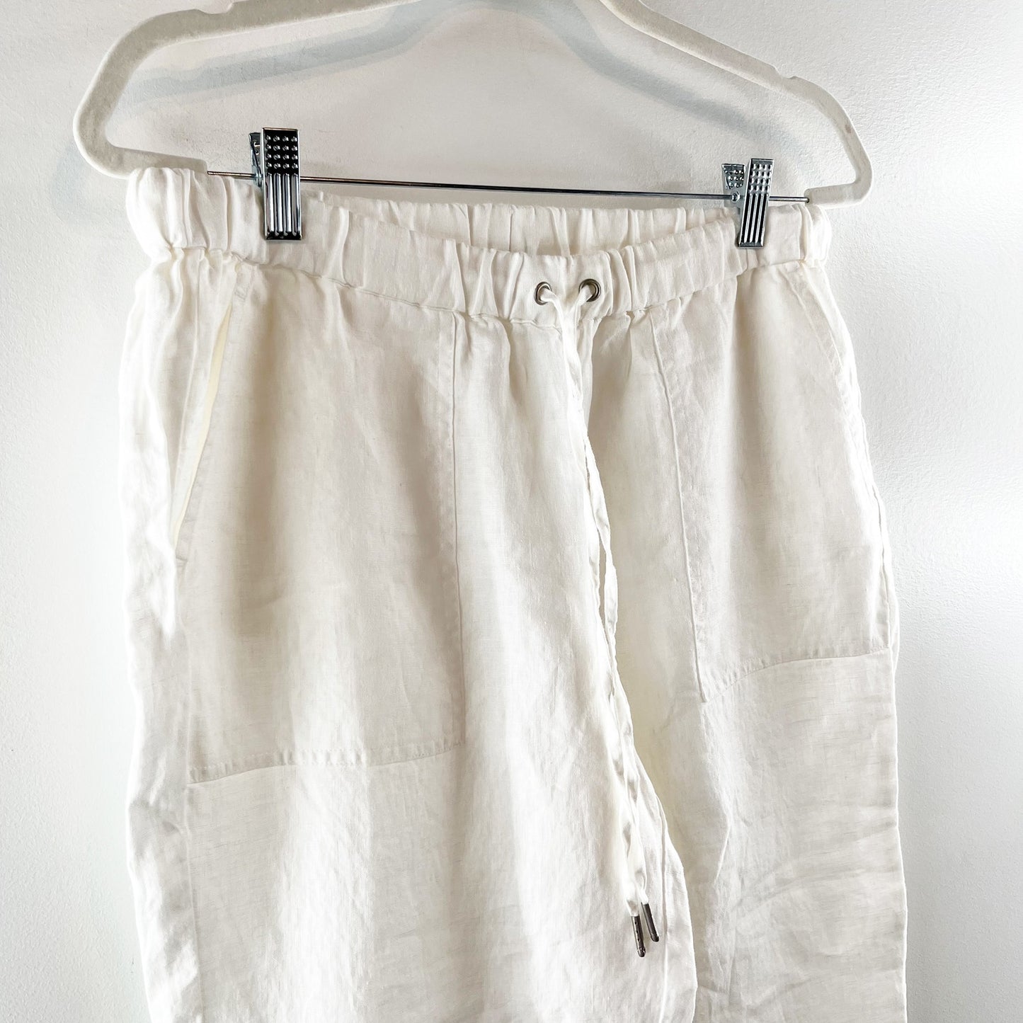 Pure Navy High Rise Linen Pull On Elastic Waist Ankle Pants White Medium