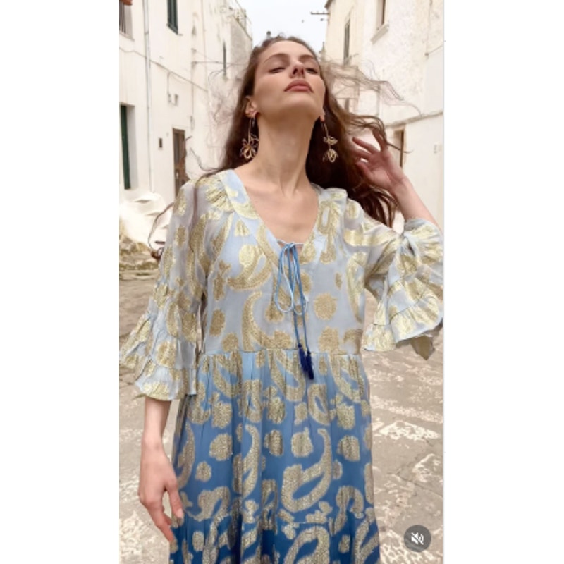Debbie Katz South Beach Daniella Metallic Paisley Maxi Dress Blue Gold Small