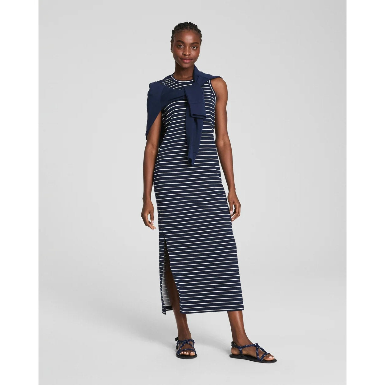 Spanx AirEssentials Striped Sleeveless UPF 50+ Tank Maxi Dress Navy Blue Medium
