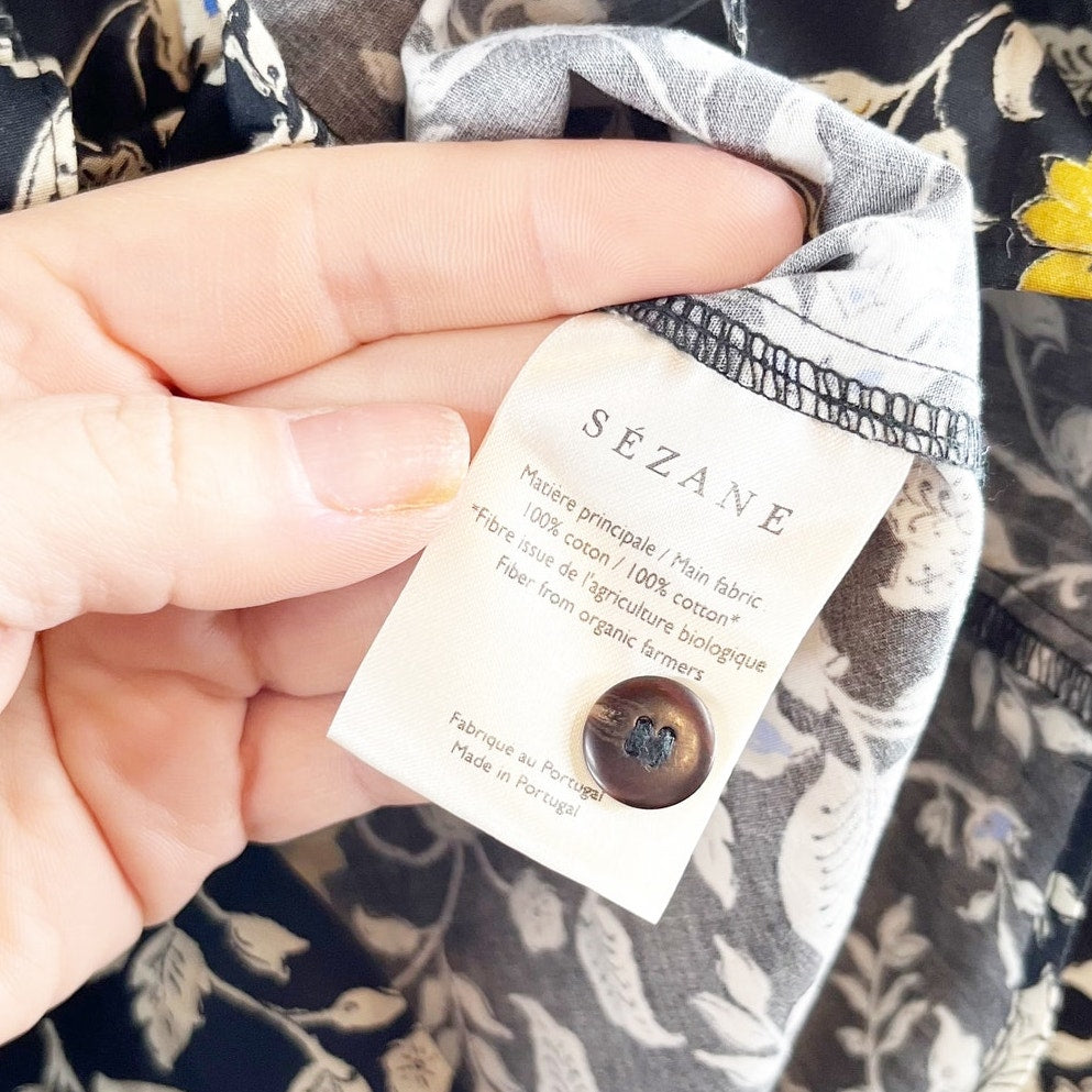 Sezane Roby Ruffle Long Sleeve Floral Cotton Poplin Blouse Black 36 / US 4