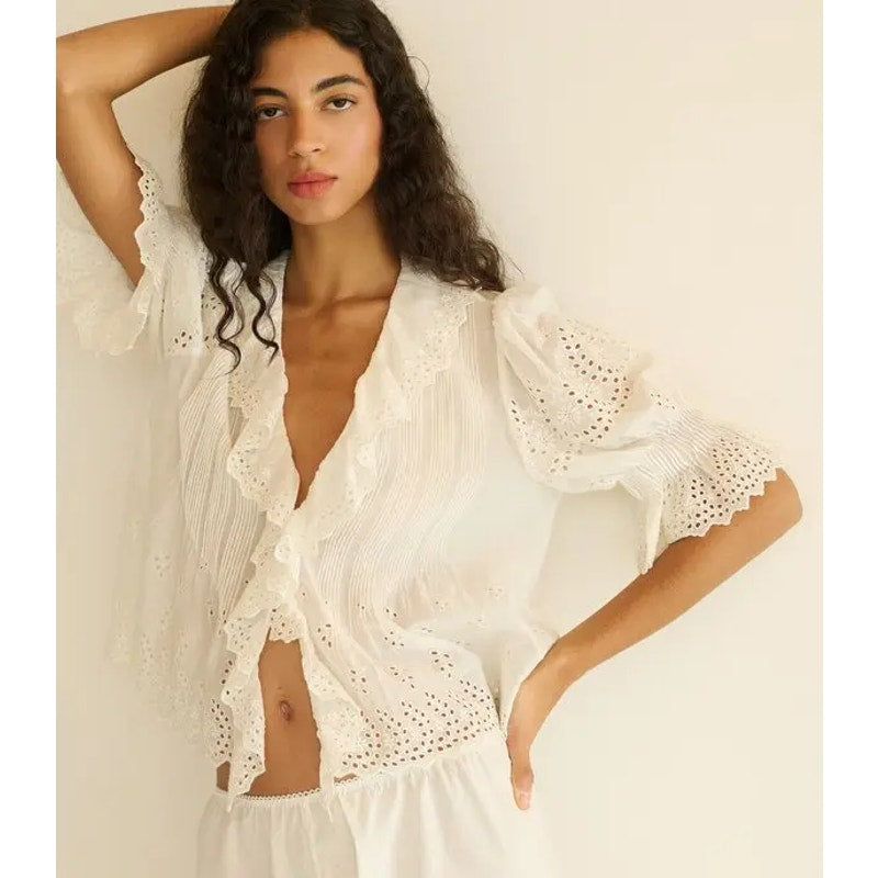 DOEN Organic Cotton Henri Puff Sleeve Button Front Blouse Top Salt Eyelet Medium