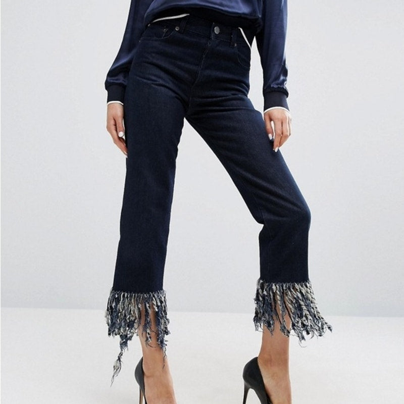 ASOS Fringe Hem High Rise Cropped Jeans Blue 26