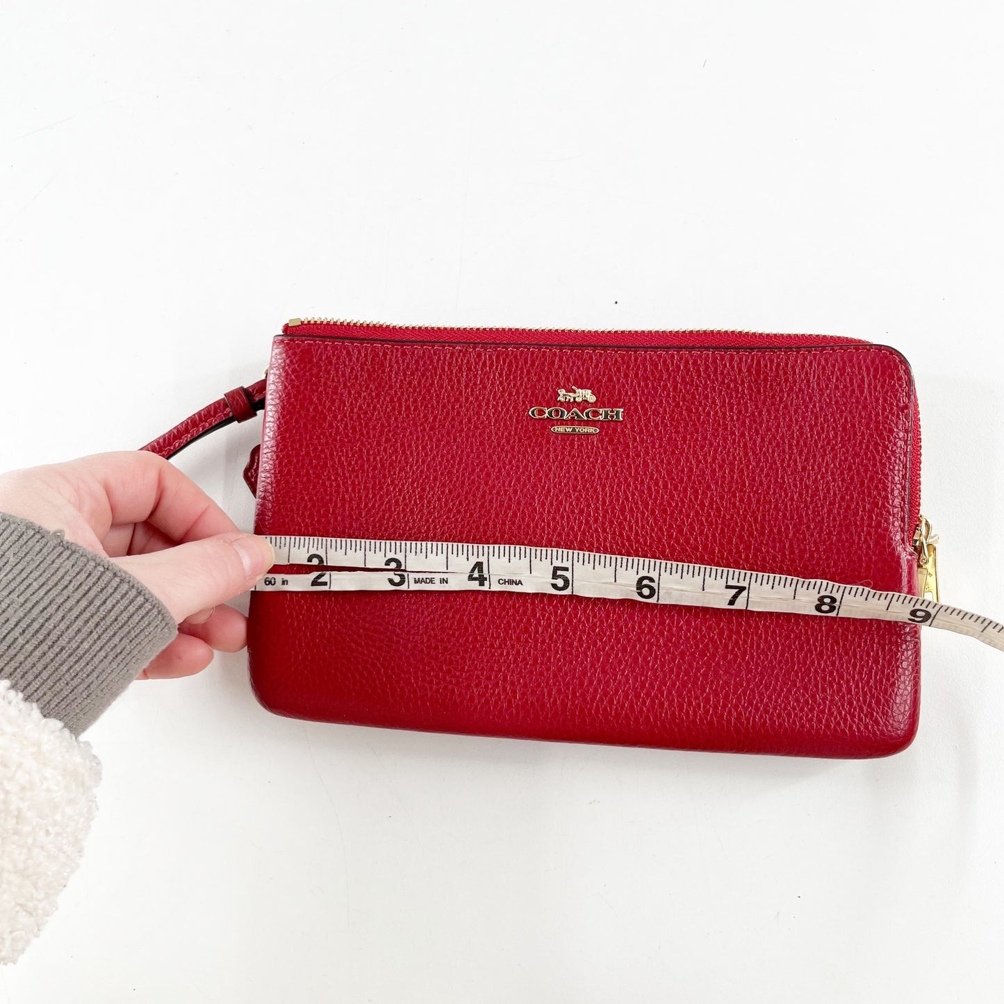 Coach Pebbled Leather Double Zip Around Wallet Wristlet Red