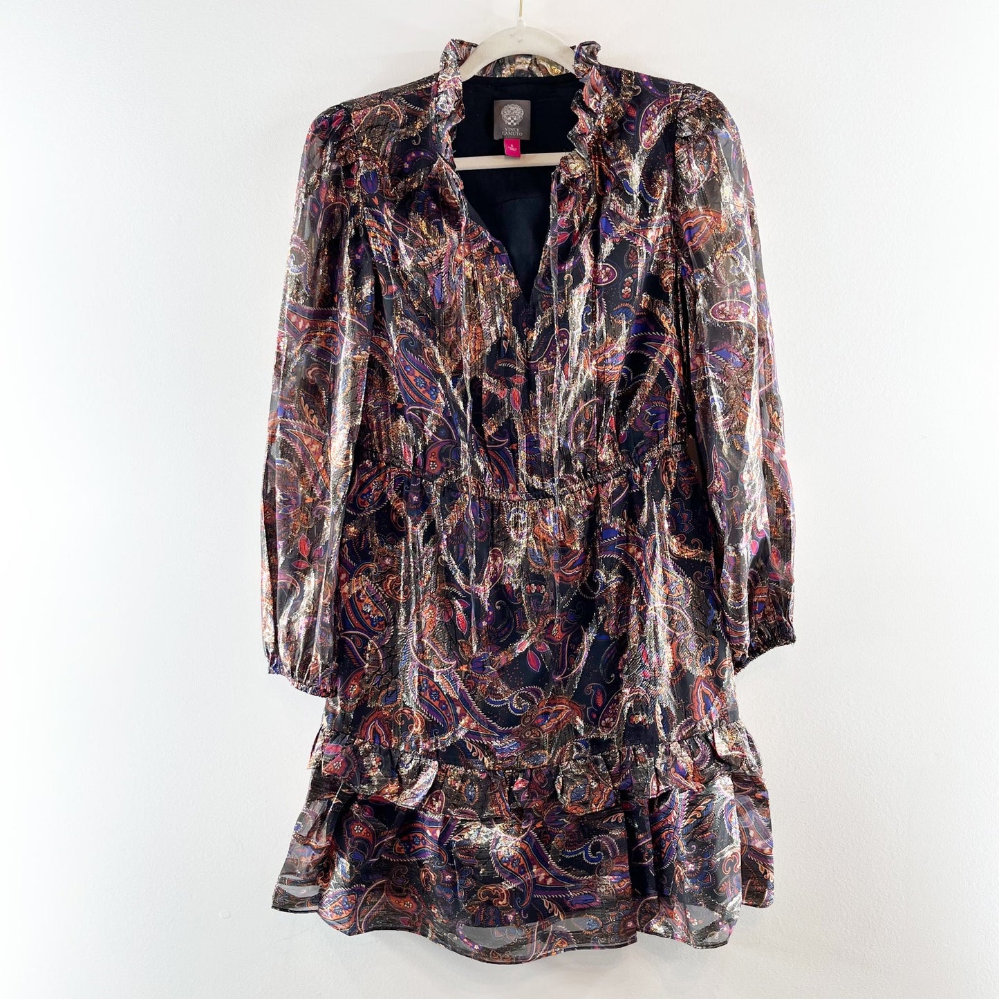 Vince Camuto Long Sleeve Chiffon Paisley Metallic Printed Mini Dress Purple 6