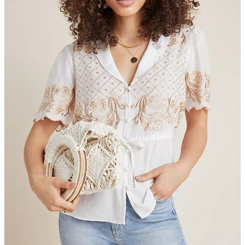 Anthropologie Kathryn Embroidered Short Sleeve Blouse Top White US 2