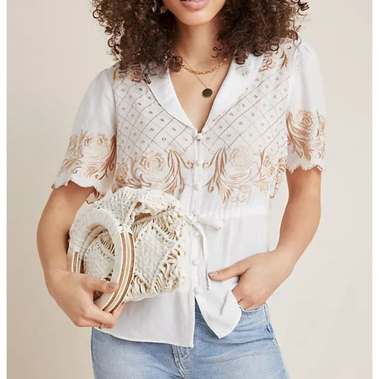 Anthropologie Kathryn Embroidered Short Sleeve Blouse Top White US 2