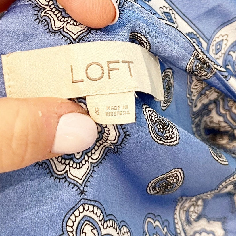 Loft Square Neck Bandana Print Slip Midi Satin Dress Blue 8