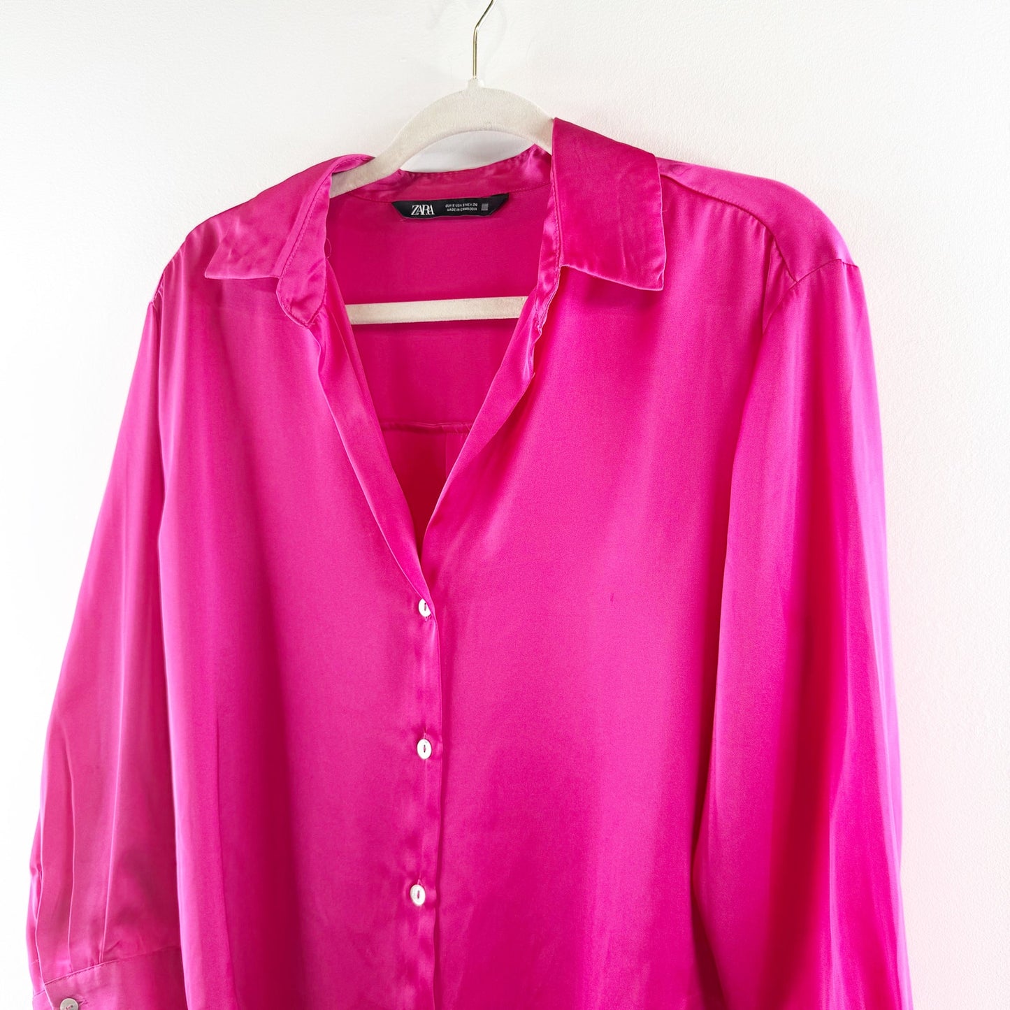 ZARA Satin Effect Long Sleeve Oversized Button Up Shirt Top Pink Small