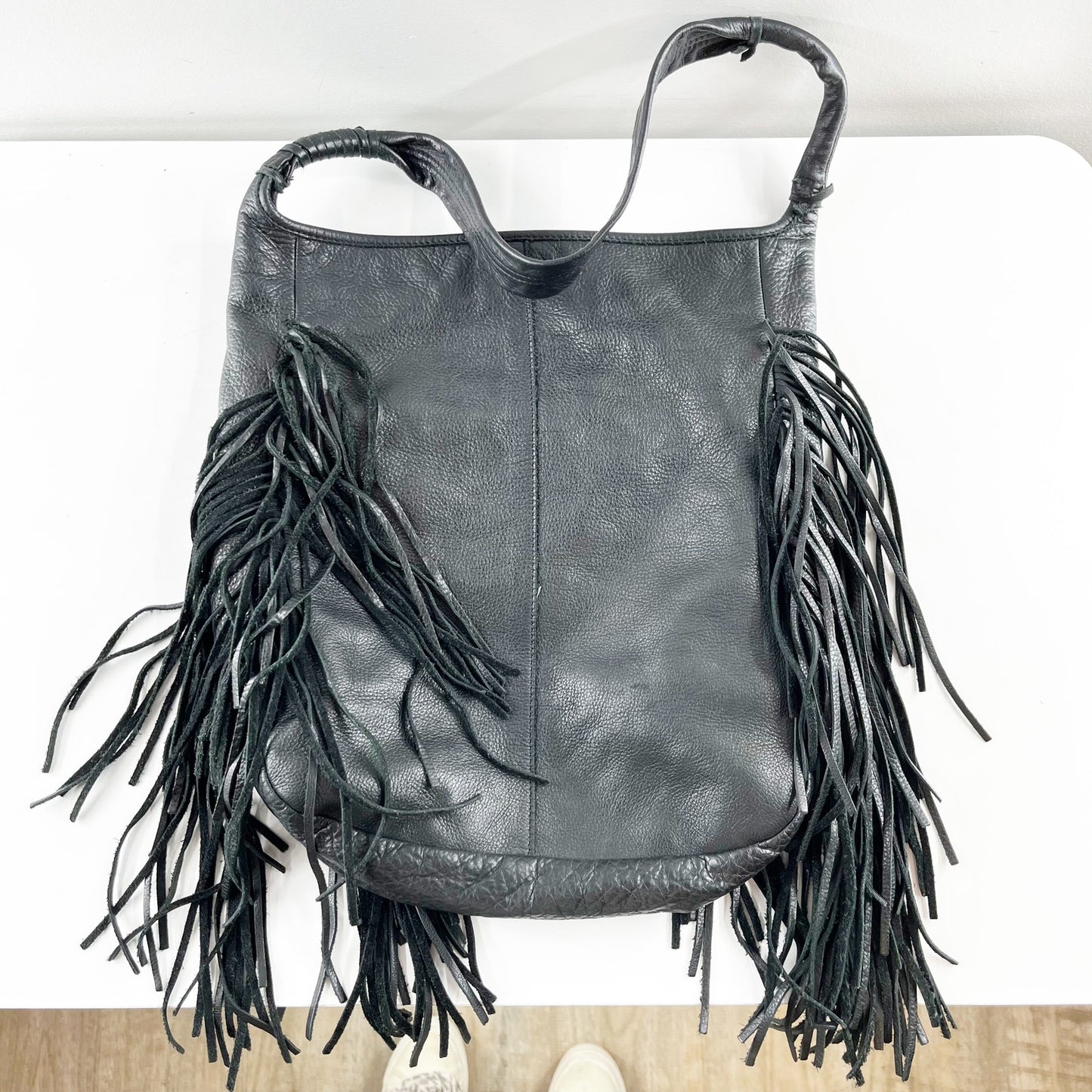 Margot Leather Fringe Hobo Shoulder Bag Purse Black