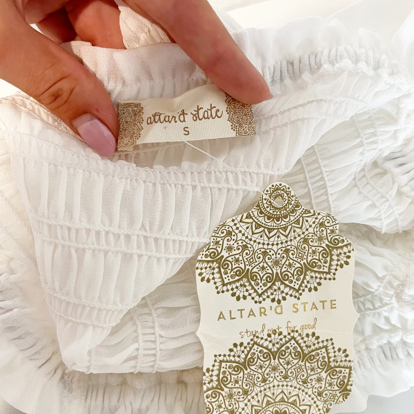 Altar'd State Tie Strap Smocked Cropped Tank Top White Small
