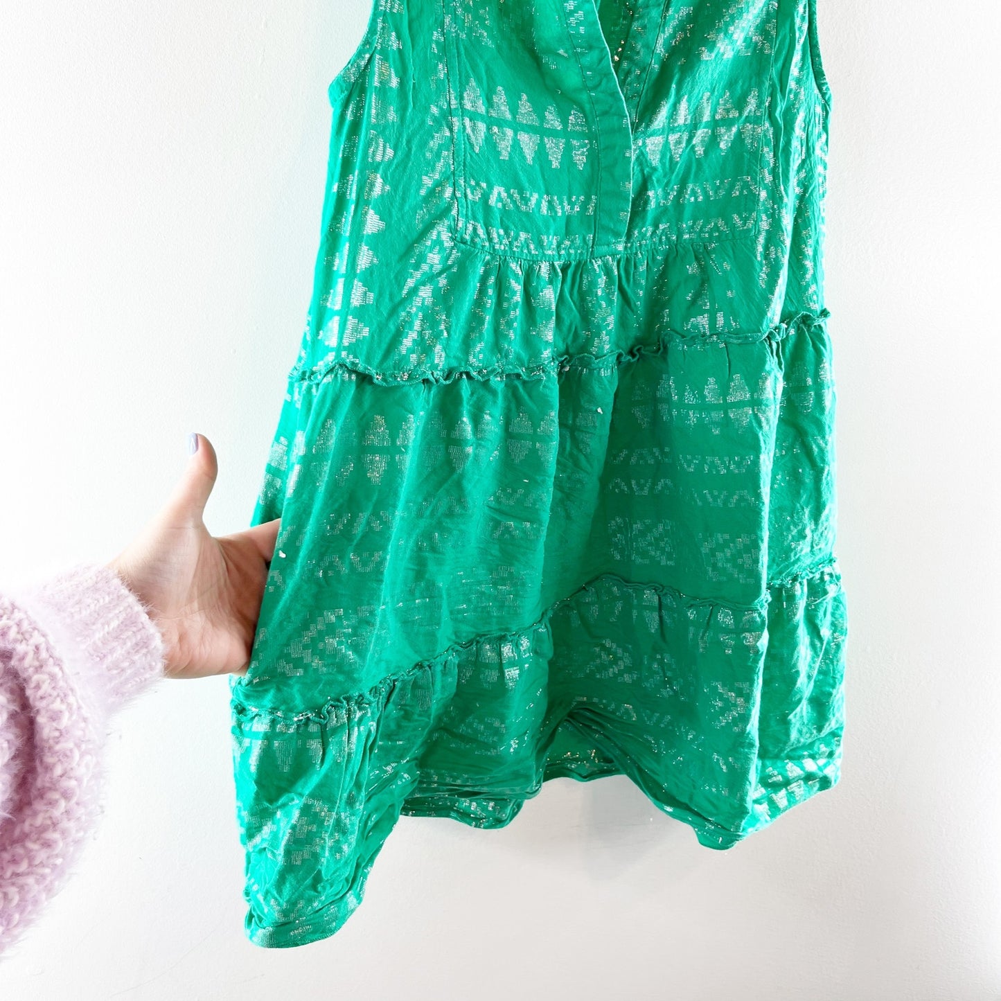 Elan Sleeveless V Neck Metallic Tiered Babydoll Mini Dress Green Small
