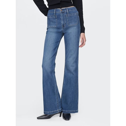 GAP High Rise 70's Flare Patch Pocket Jeans Blue 14 Petite