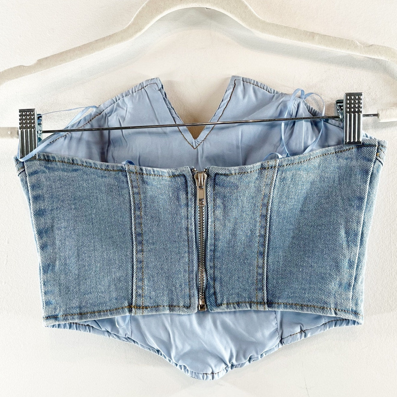 Bobbles & Lace Break Free Faded Denim Cropped Tube Corset Top Blue Small
