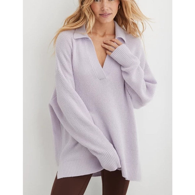 Aerie CozyUp Waffle Long Sleeve Pullover Polo Sweater Light Lavender Medium