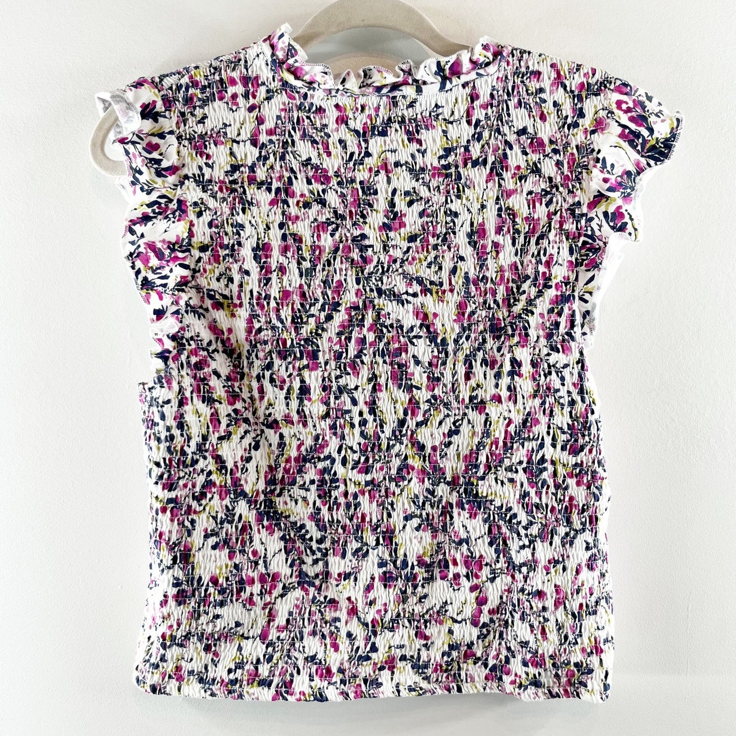 French Connection Ruffle Short Sleeve Smocked Top Blouse Pink Floral Large
