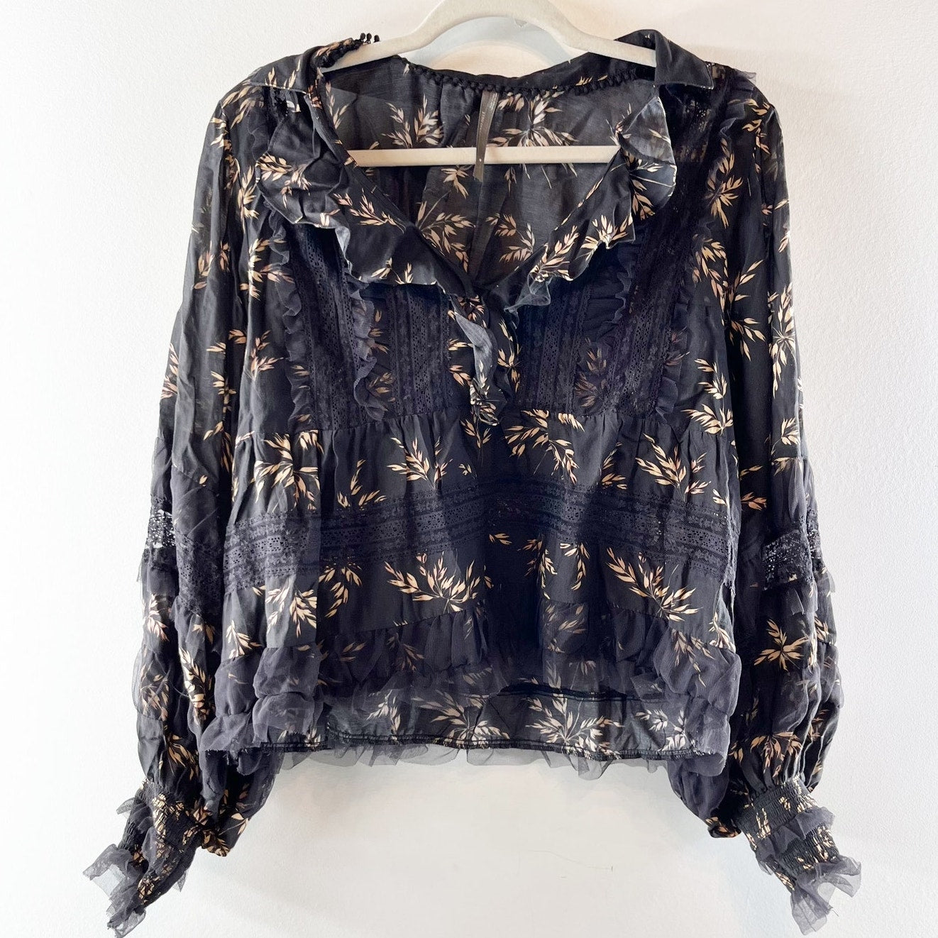 Anthropologie Long Sleeve Floral Ruffle V Neck Blouse Black Medium