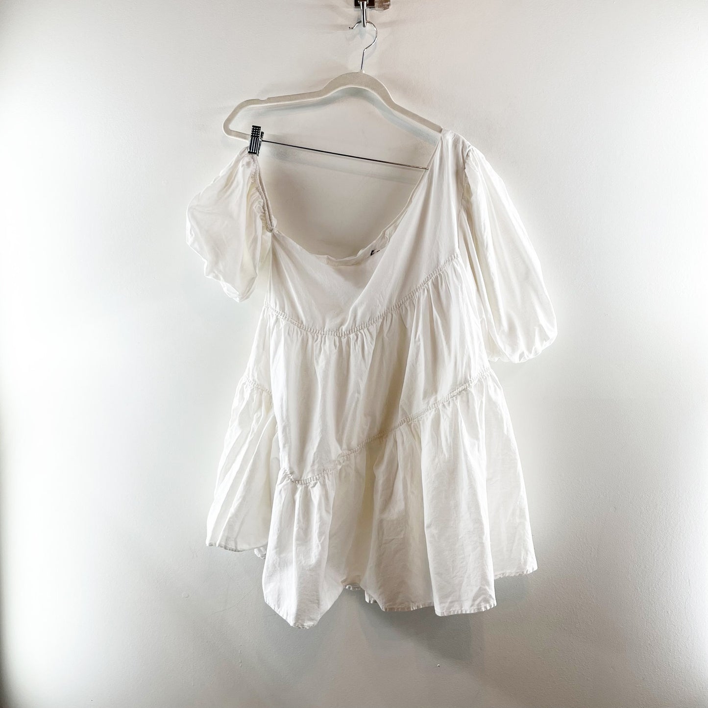 ShowPo Asymmetrical Puff Short Sleeve Off Shoulder Mini Babydoll Dress White 10
