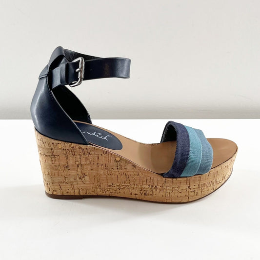 Splendid Ankle Strap Cork Wedge Heels Denim Striped Wide Strap Sandals Blue 8