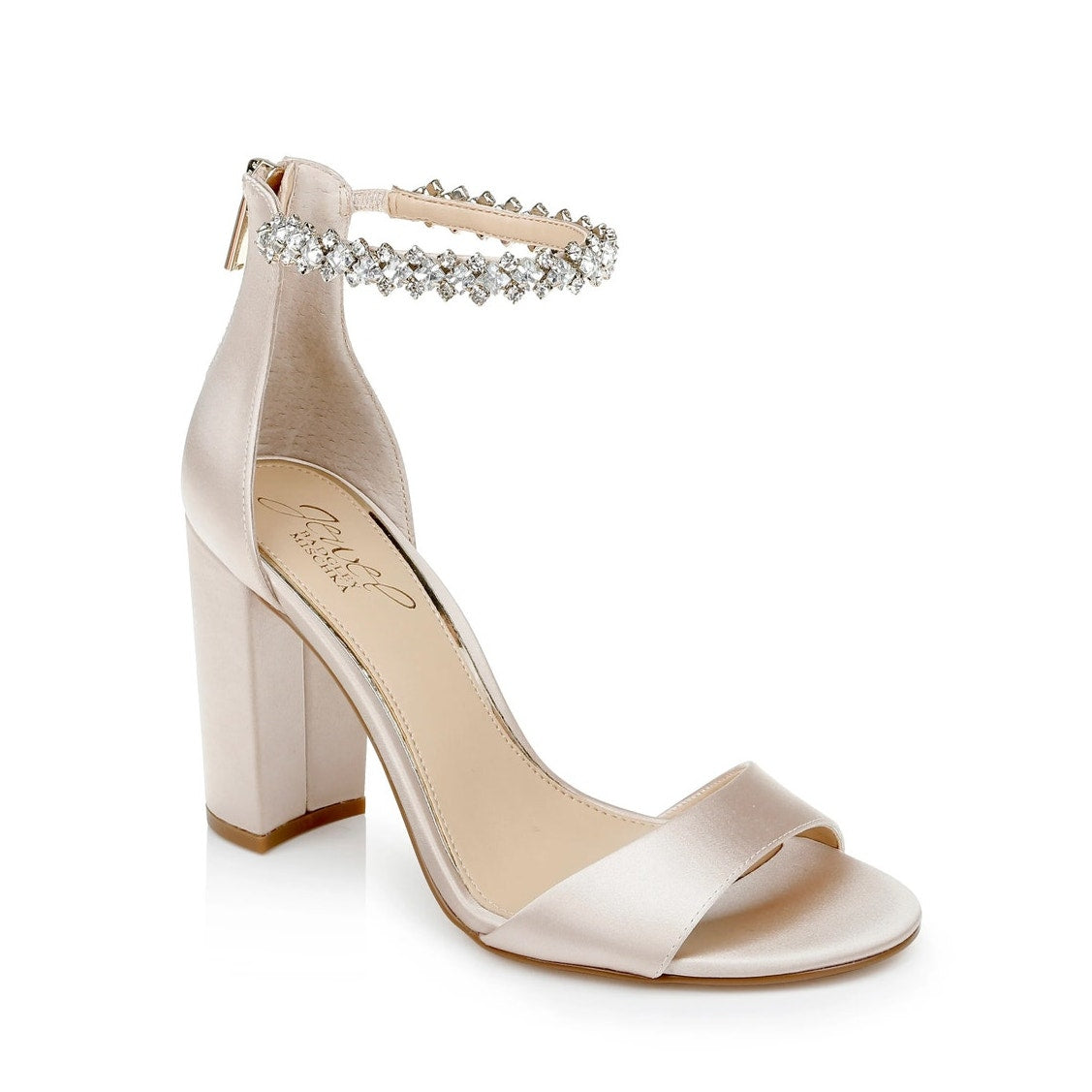 Jewel Badgley Mischka Louise Rhinestone Ankle Strap Peep Toe Block Heel Shoes 7