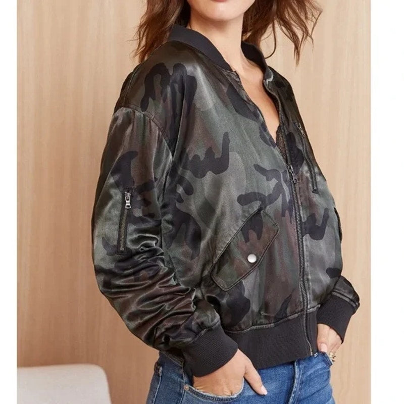 Marrakech by Anthropologie Satin Camo Print Full Zip Bomber Jacket Green Small