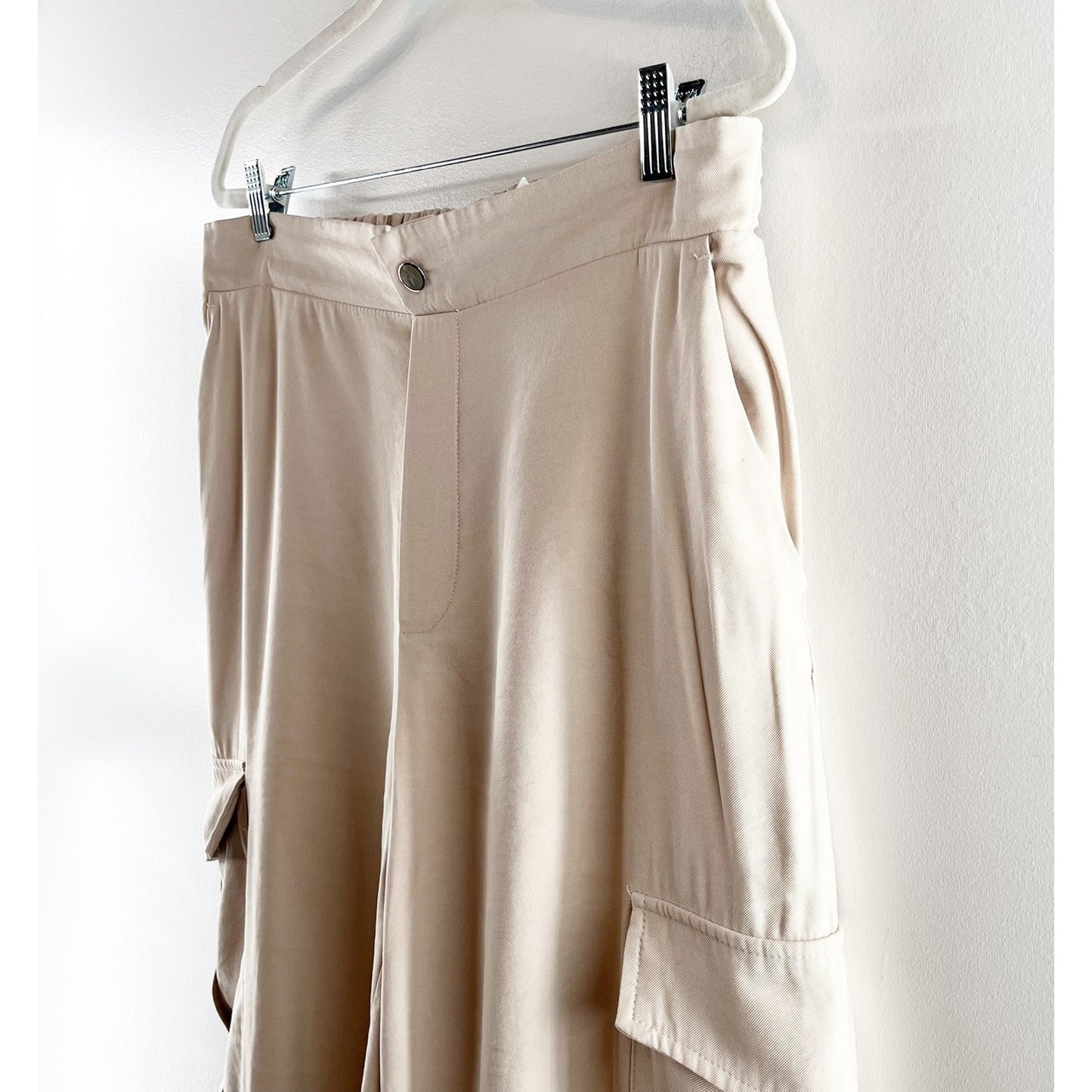 ZARA High Rise Wide Leg Cargo Pocket Pants Tan Beige Khaki XL