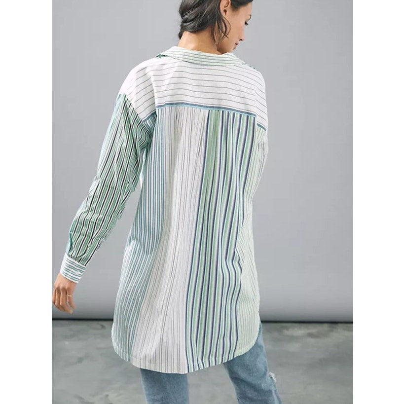 Maeve Anthropologie Alix Henley Striped Long Sleeve Button Up Top Green Medium