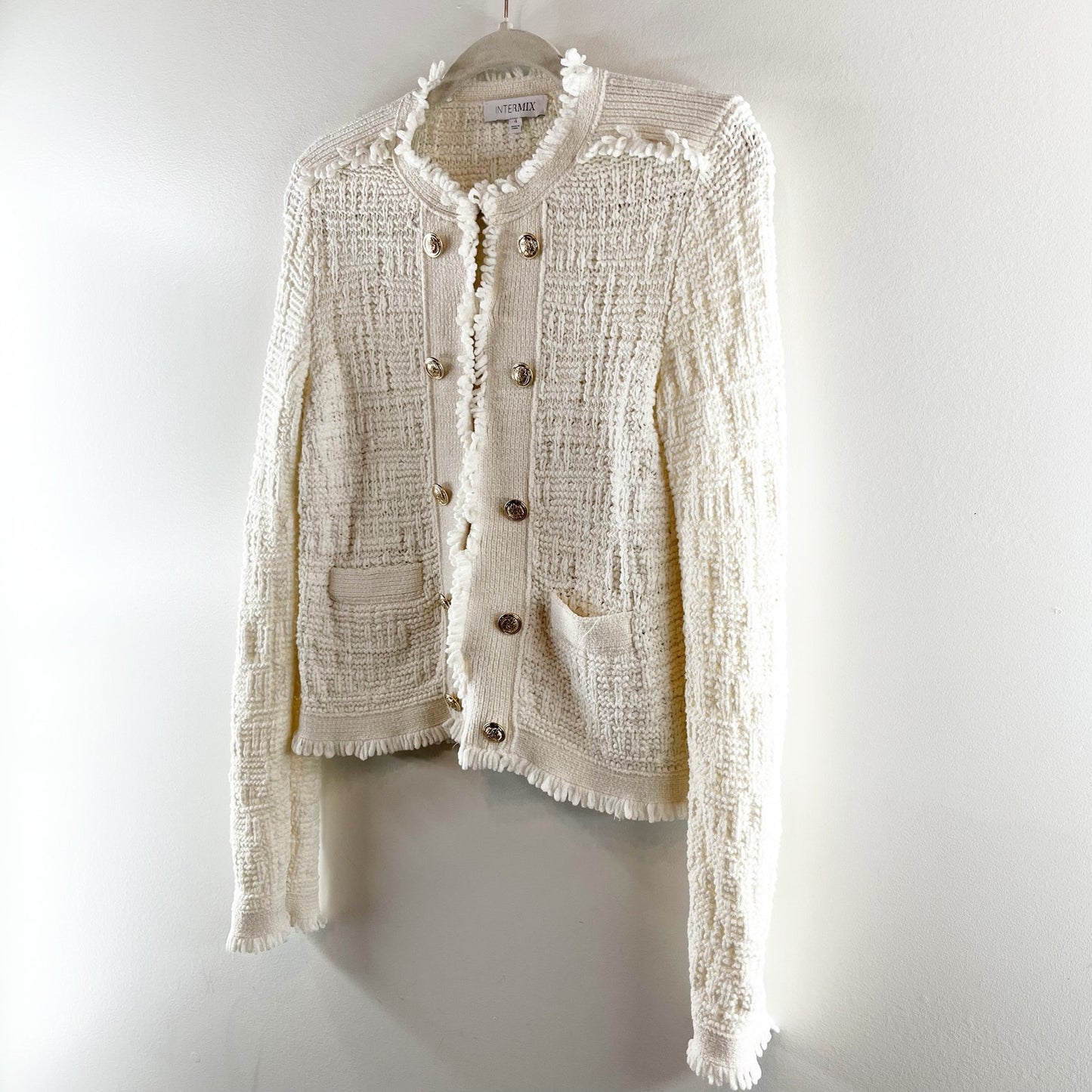 Intermix Lila Long Sleeve Raw Edges Gold Button Cropped Knit Jacket Ivory 4