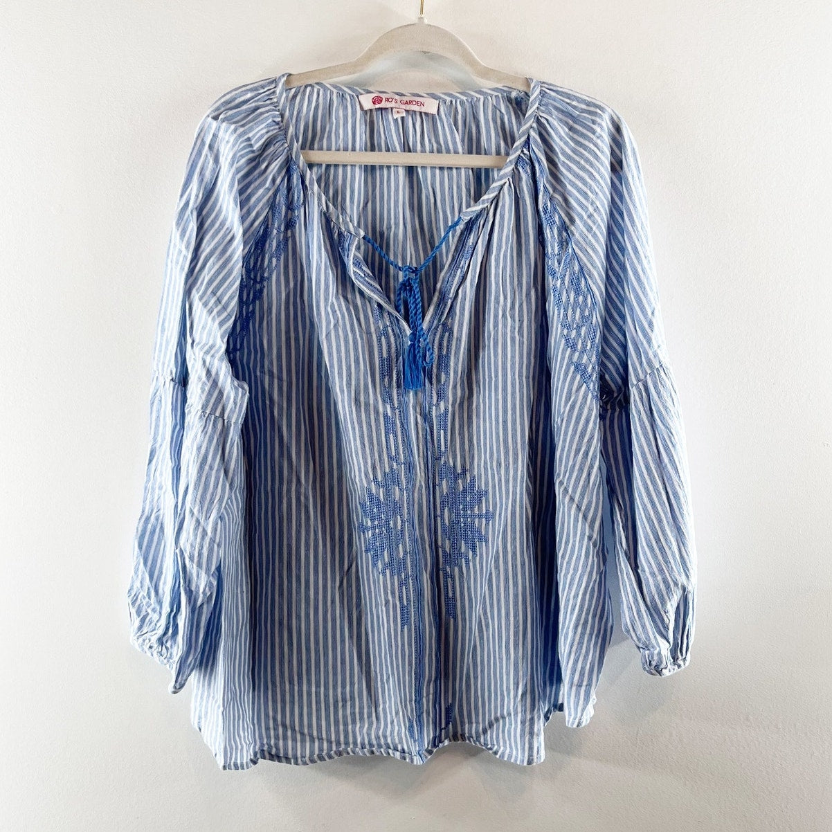 Ro's Garden Long Sleeve Striped Embroidered Blouse Shirt Blue Large