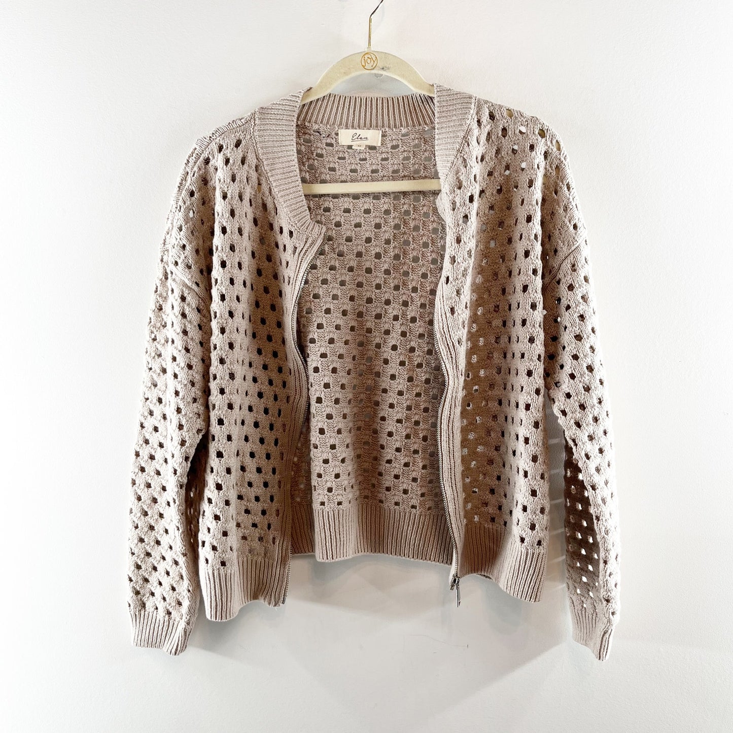 Elan Aster Long Sleeve Zip Up Crochet Bomber Cardigan Sweater Stone Medium