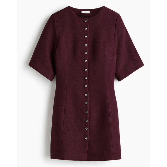 H&M Boucle Short Sleeve Button Up Short Sleeve Mini Dress Plum Purple Small