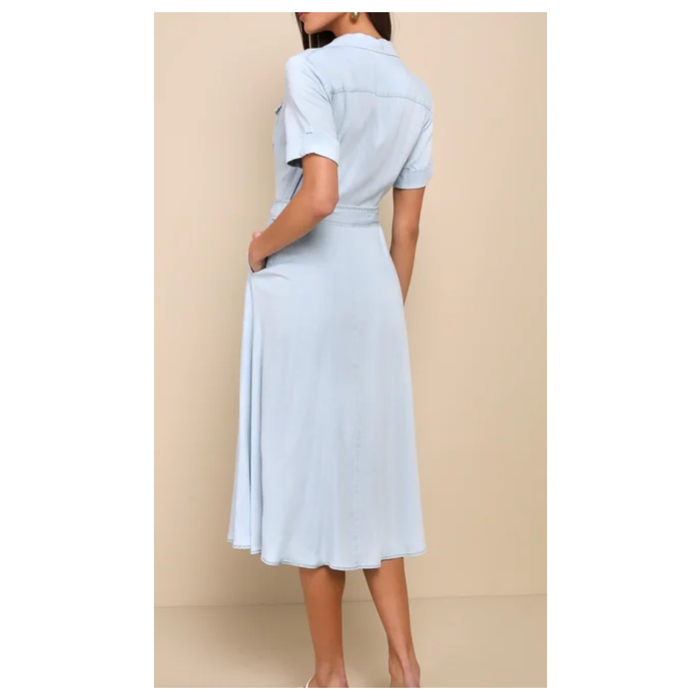 Lulus Pleasant Cutie Chambray Collared Midi Dress With Pockets Blue Medium