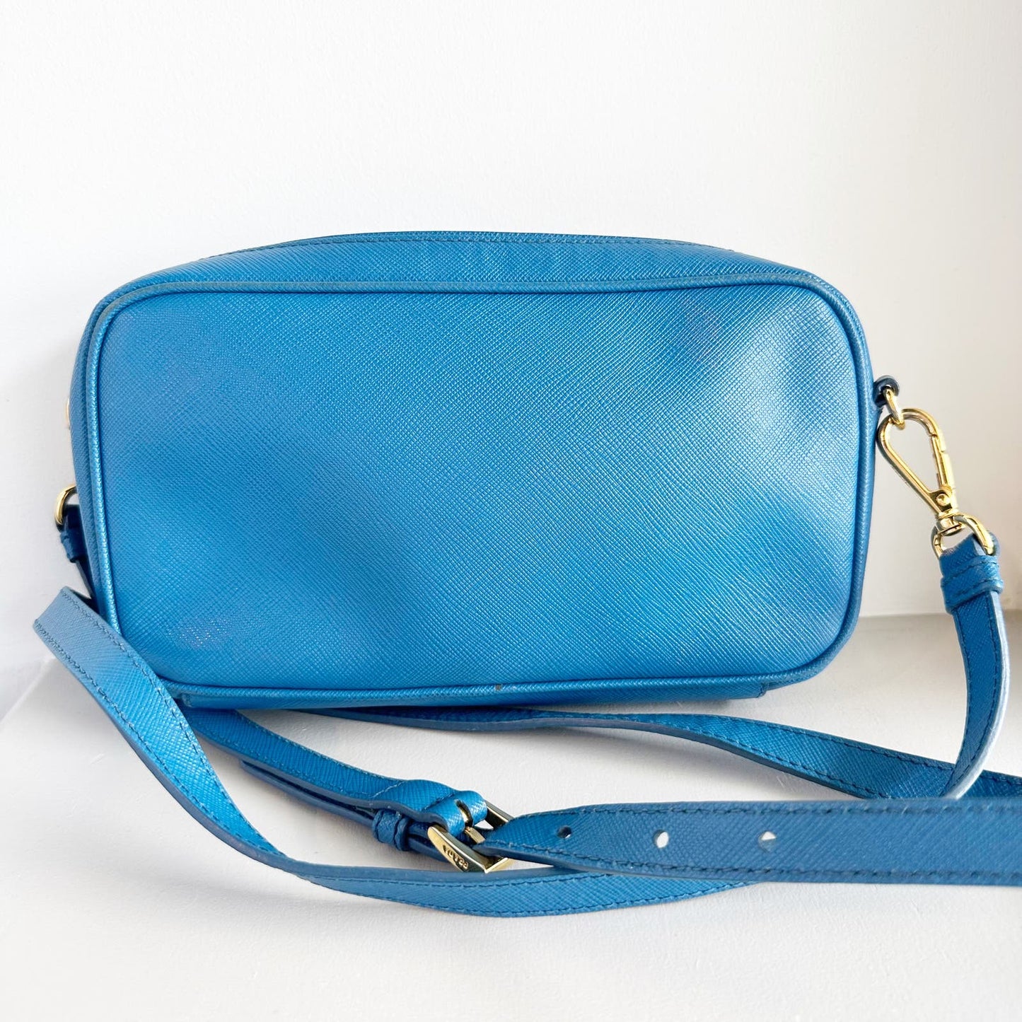 Prada Saffiano Pebbled Leather Small Camera Bag Crossbody Purse Blue